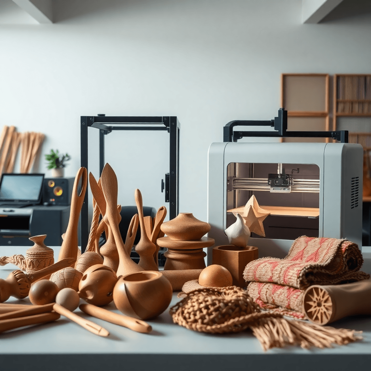 Workspace featuring traditional carving tools and textiles alongside a 3D printer and laser cutter, blending heritage craft with modern technology.