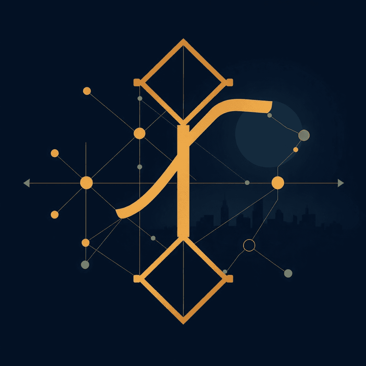 Abstract geometric shapes and arrows over a cityscape silhouette in deep blues and golds, symbolizing networks of influence and wealth flow.