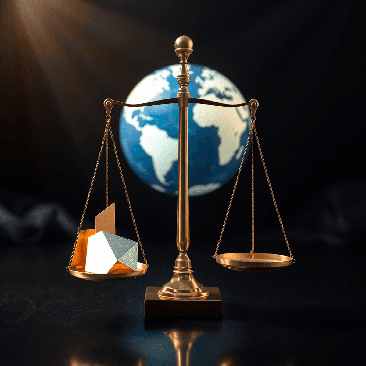 Balanced scale with golden and silver shapes on one side, a softly lit globe in the background against a dark backdrop with light rays, symbolizing...