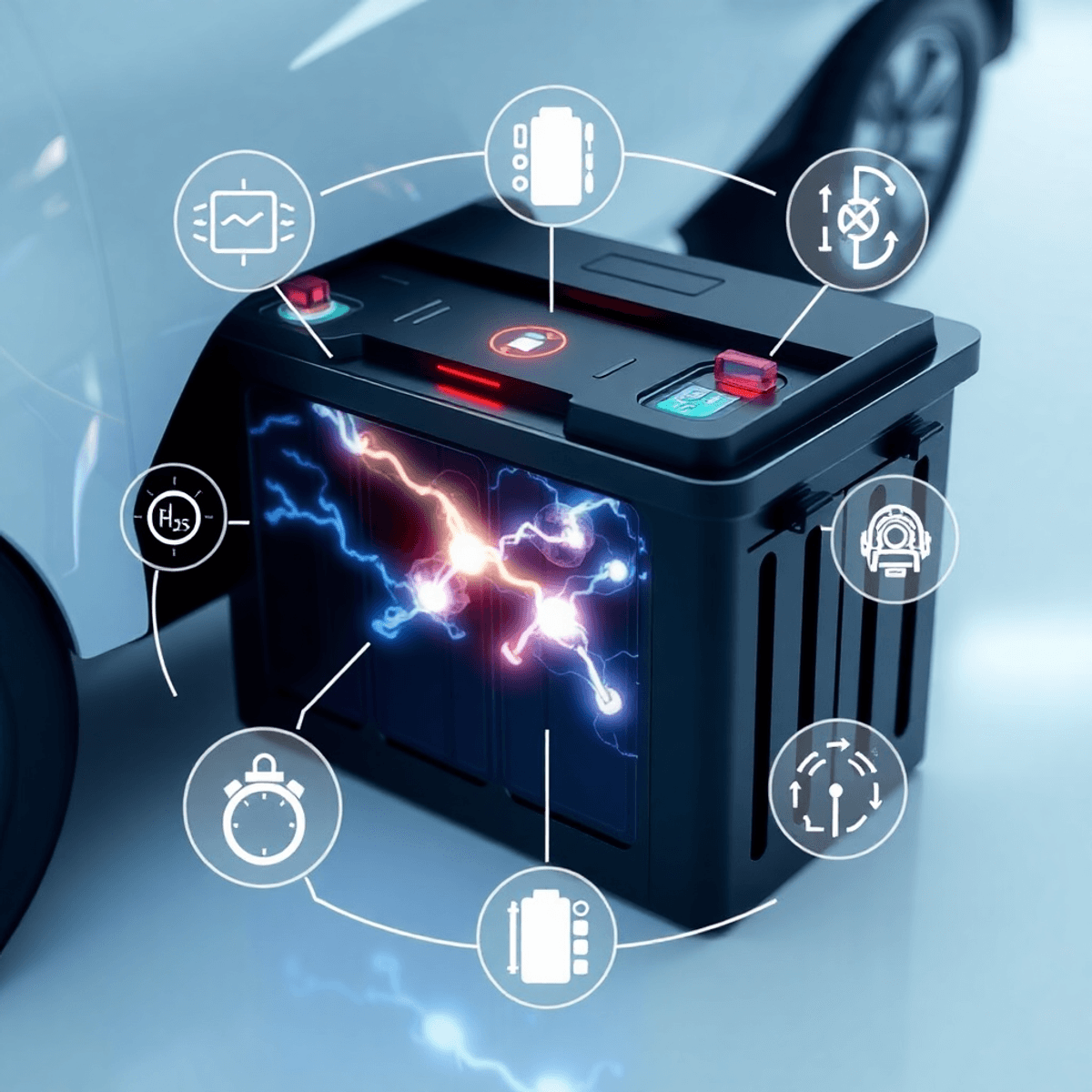Close-up of a modern electric vehicle battery pack with glowing energy flows and abstract tech icons on a clean, futuristic background.