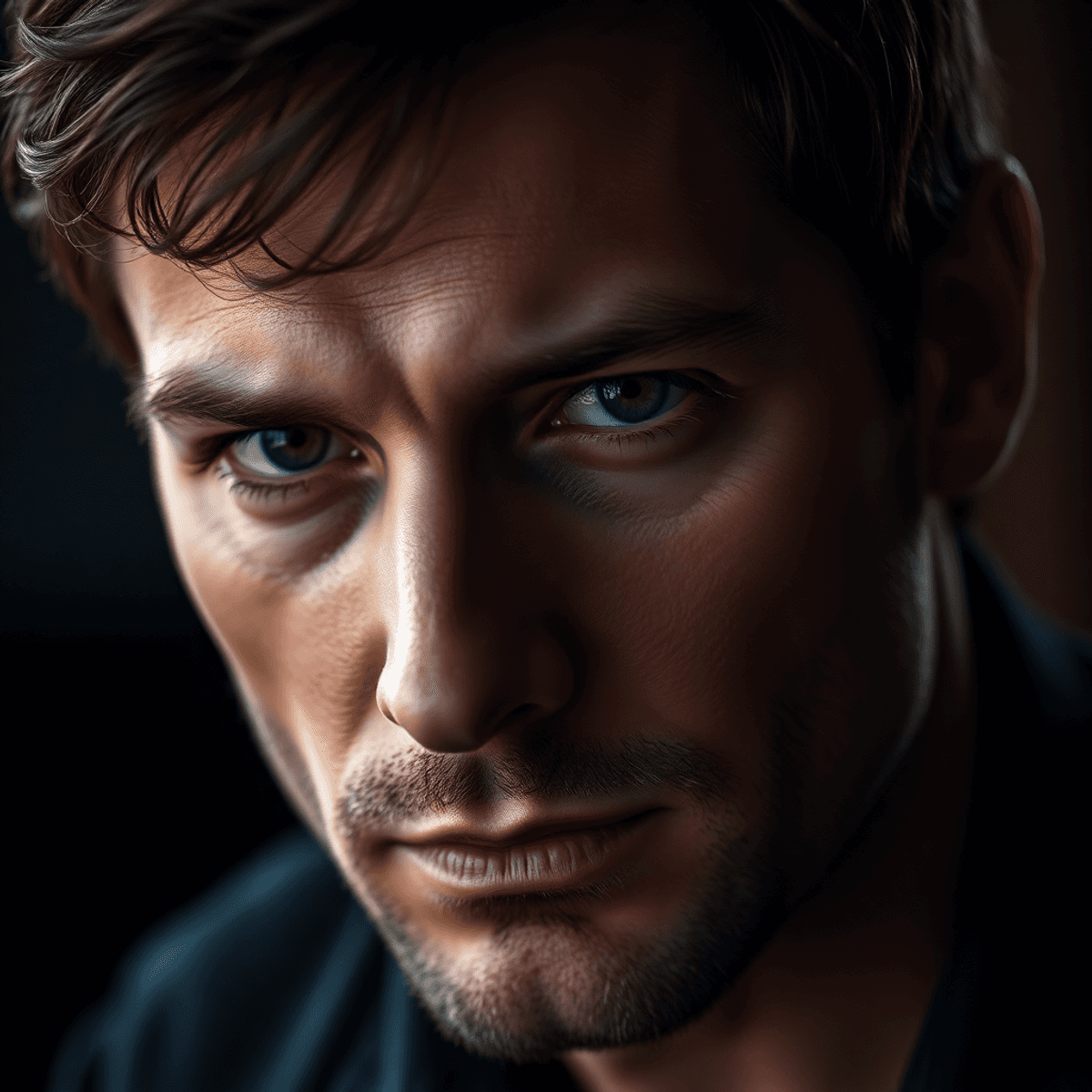 Close-up portrait of a male actor with intense expression and soft lighting, highlighting subtle facial cues and deep eye contact against a blurred...