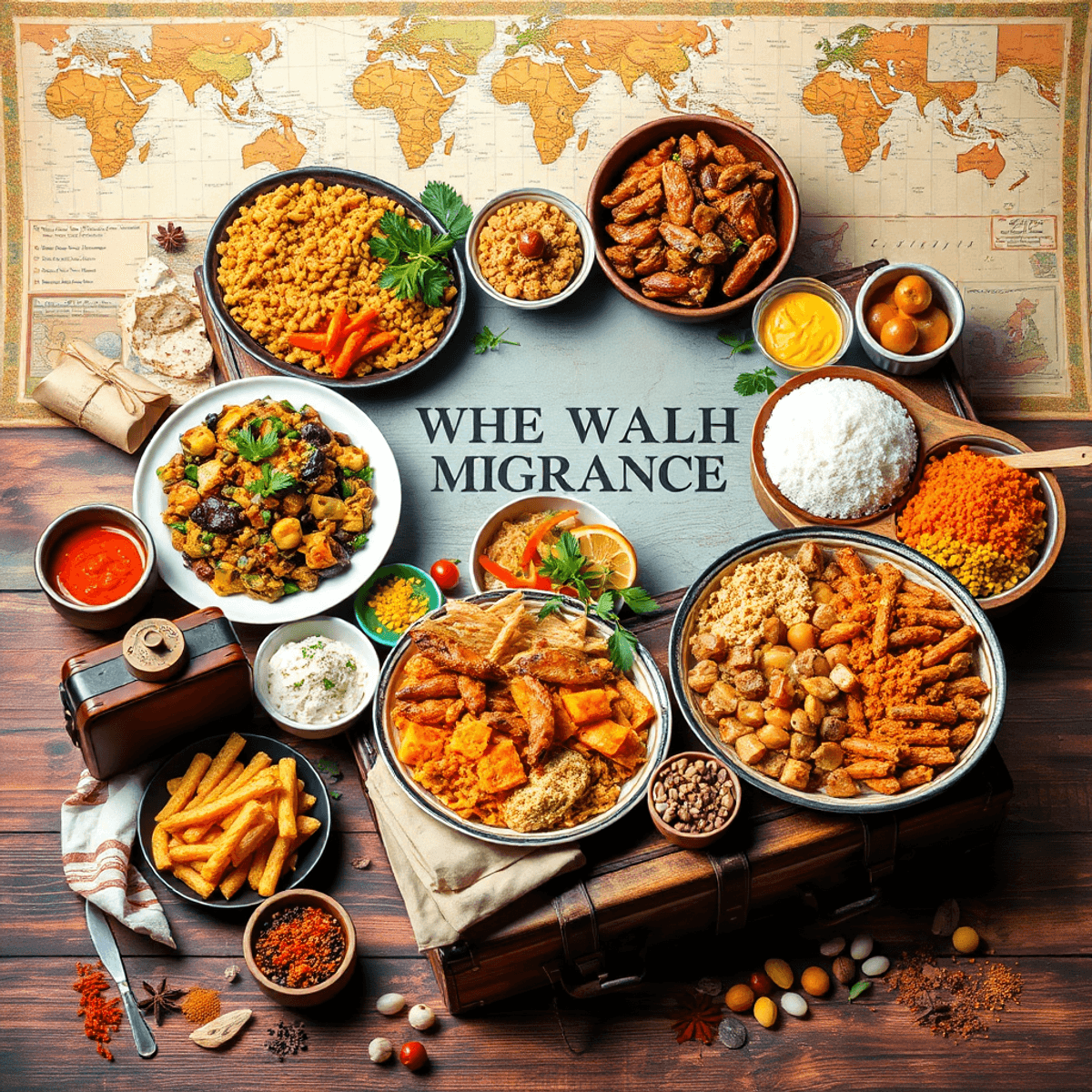Colorful collage of traditional dishes from various cuisines on rustic tables with old maps, vintage suitcases, and scattered spices, symbolizing c...