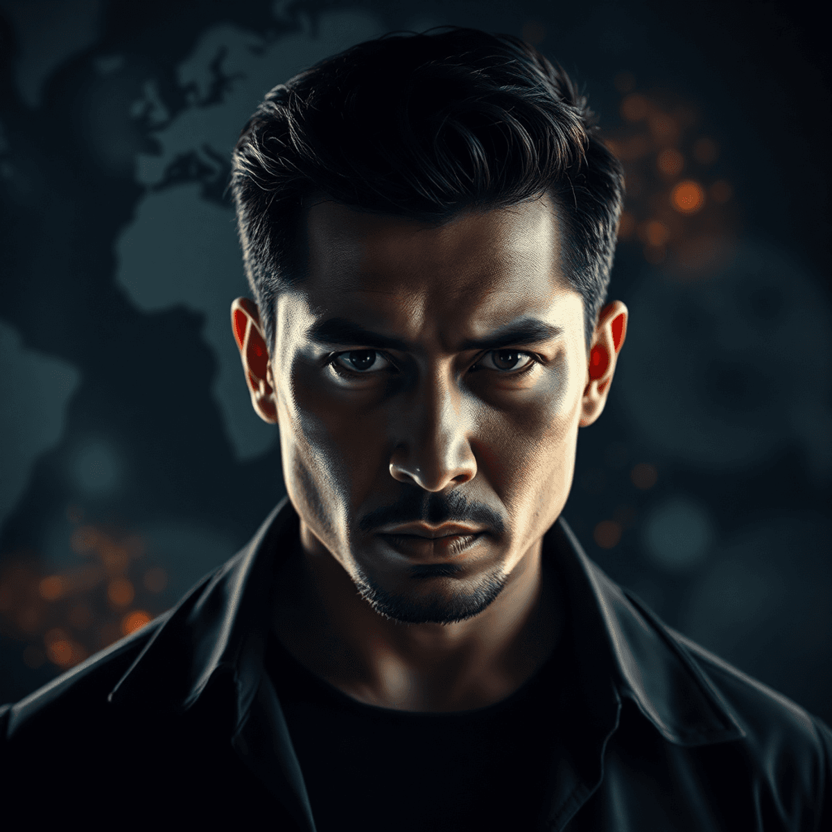 Dramatic portrait of a male actor in intense character with abstract global symbols and a moody cinematic background, evoking transformation and st...