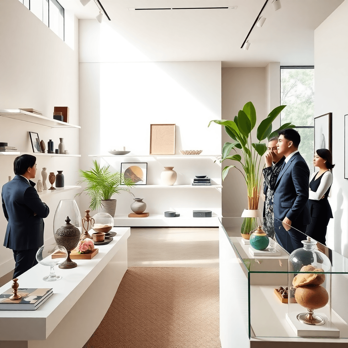 Elegant modern gallery with minimalist shelves displaying art, green plants, natural light, and well-dressed visitors appreciating the exhibits.
