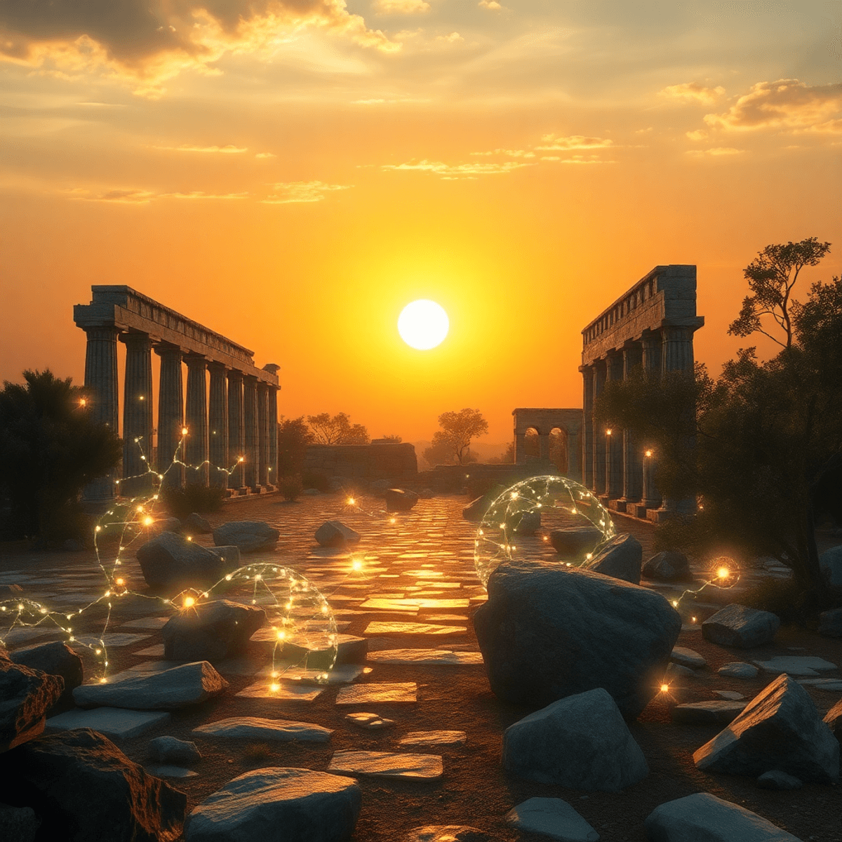 Futuristic archaeological site with ancient ruins enhanced by glowing holograms, AI symbols blending with nature under a warm sunrise sky in photog...