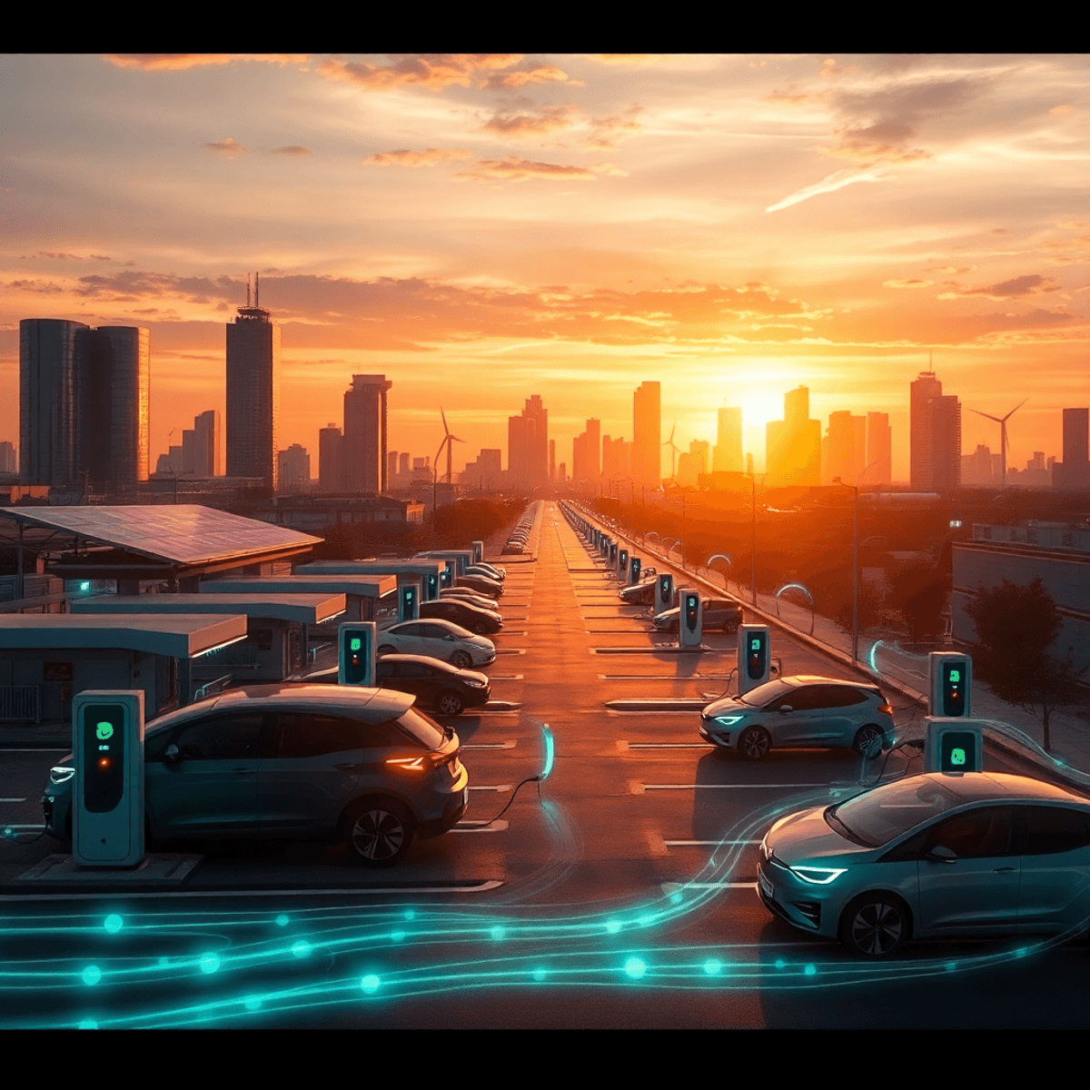 Futuristic city at sunset with electric vehicles charging at modern stations powered by solar panels and wind turbines, glowing energy lines, and a...