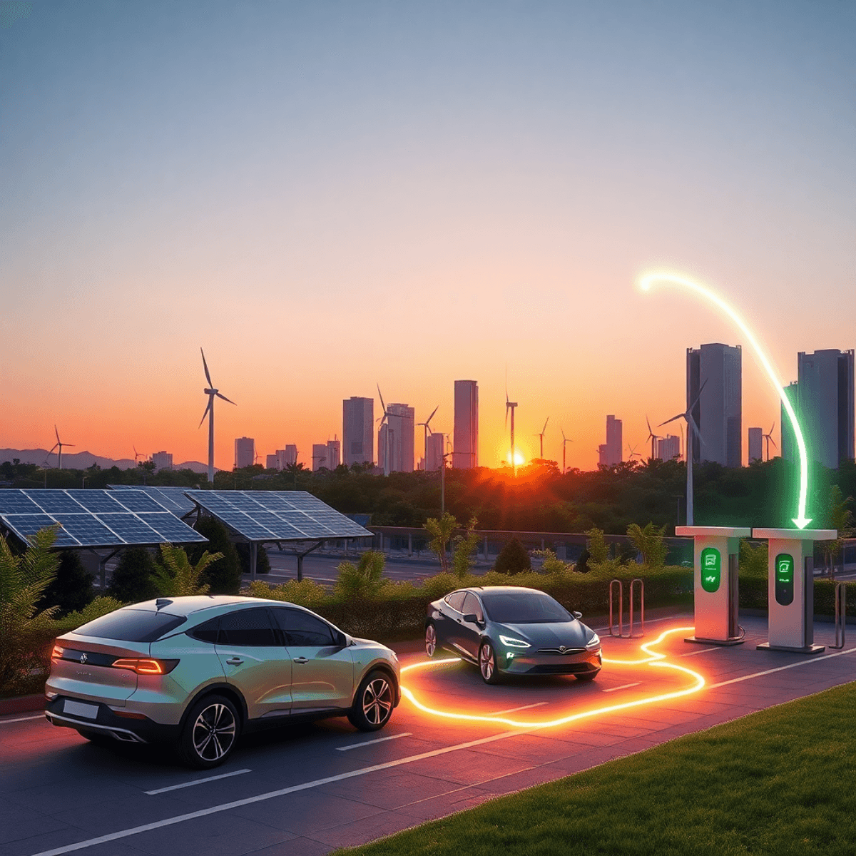 Futuristic city at sunset with sleek electric cars charging at solar and wind-powered stations amid vibrant greenery and glowing energy flows.
