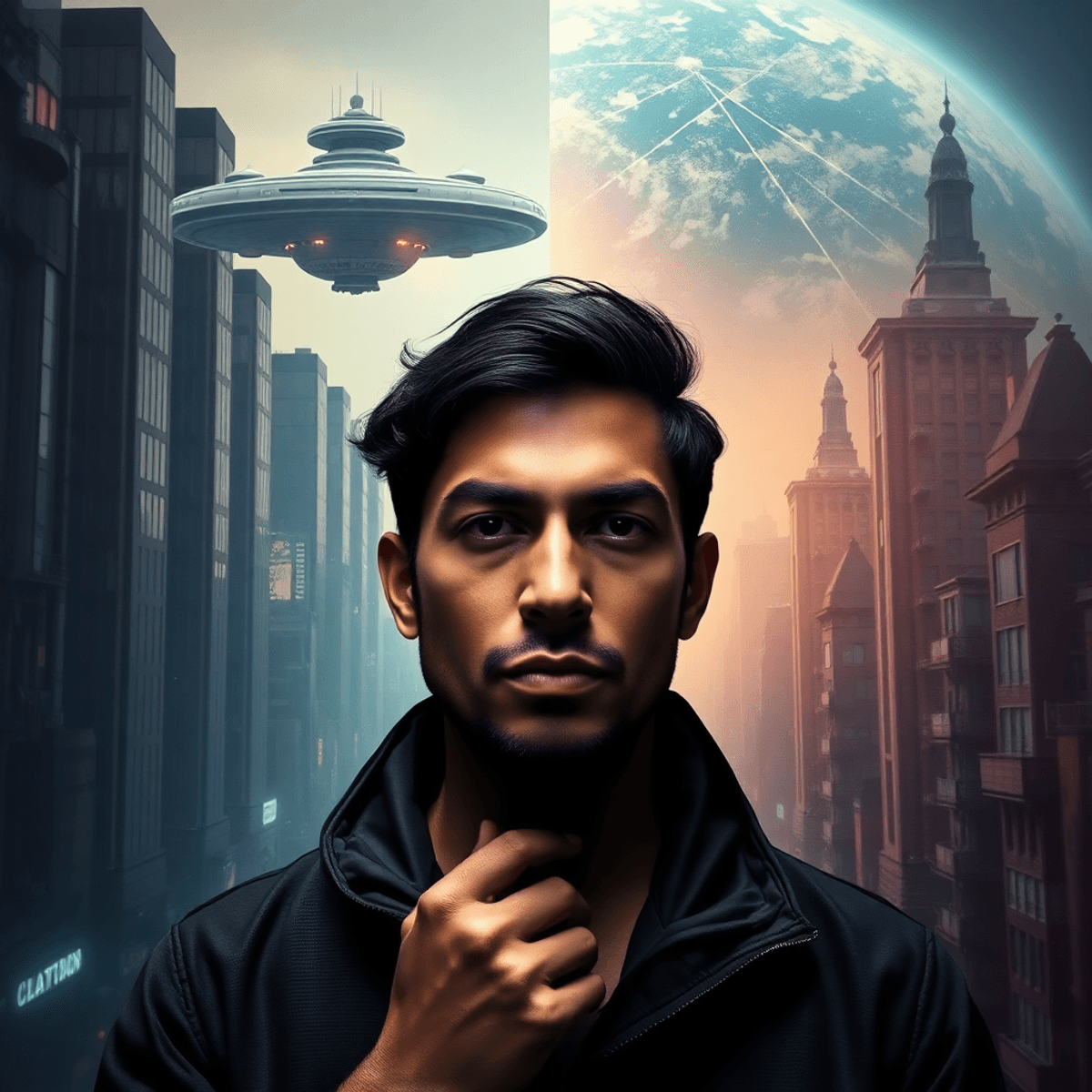 Futuristic city split between bright space station and dark crowded urban area, with a serious man symbolizing rebellion amid digital abstract elem...