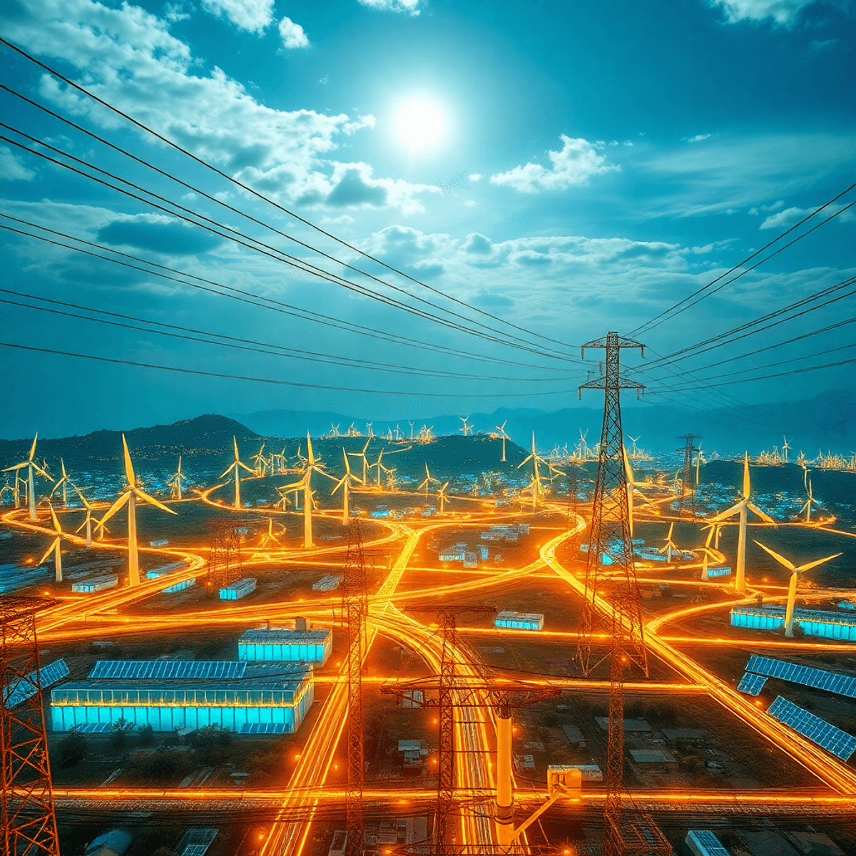 Futuristic energy landscape with glowing power grid connecting wind turbines and solar panels under a bright sky, symbolizing sustainable energy tr...