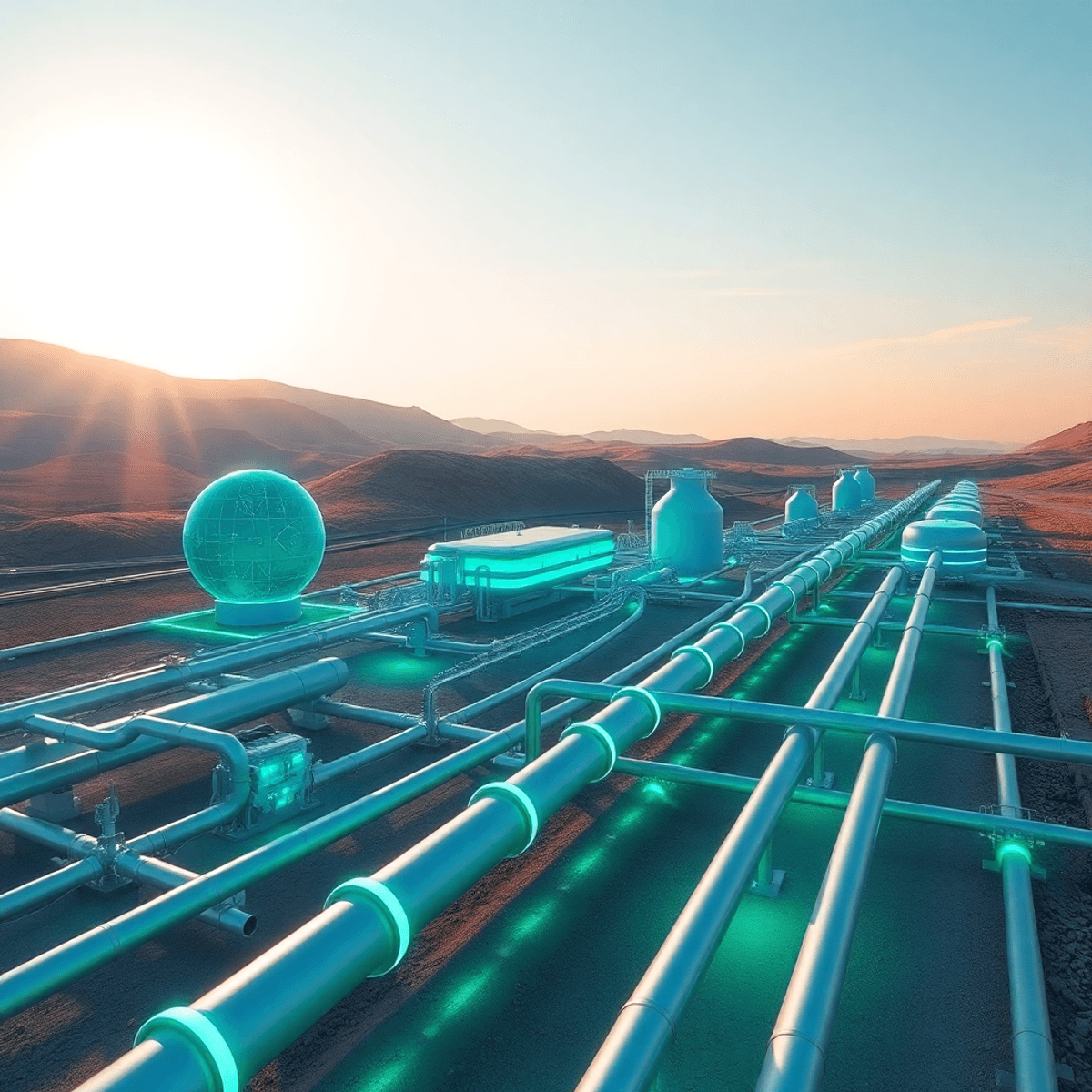 Futuristic hydrogen fuel infrastructure with glowing blue and green pipelines and storage tanks under a bright, softly lit sky symbolizing clean en...