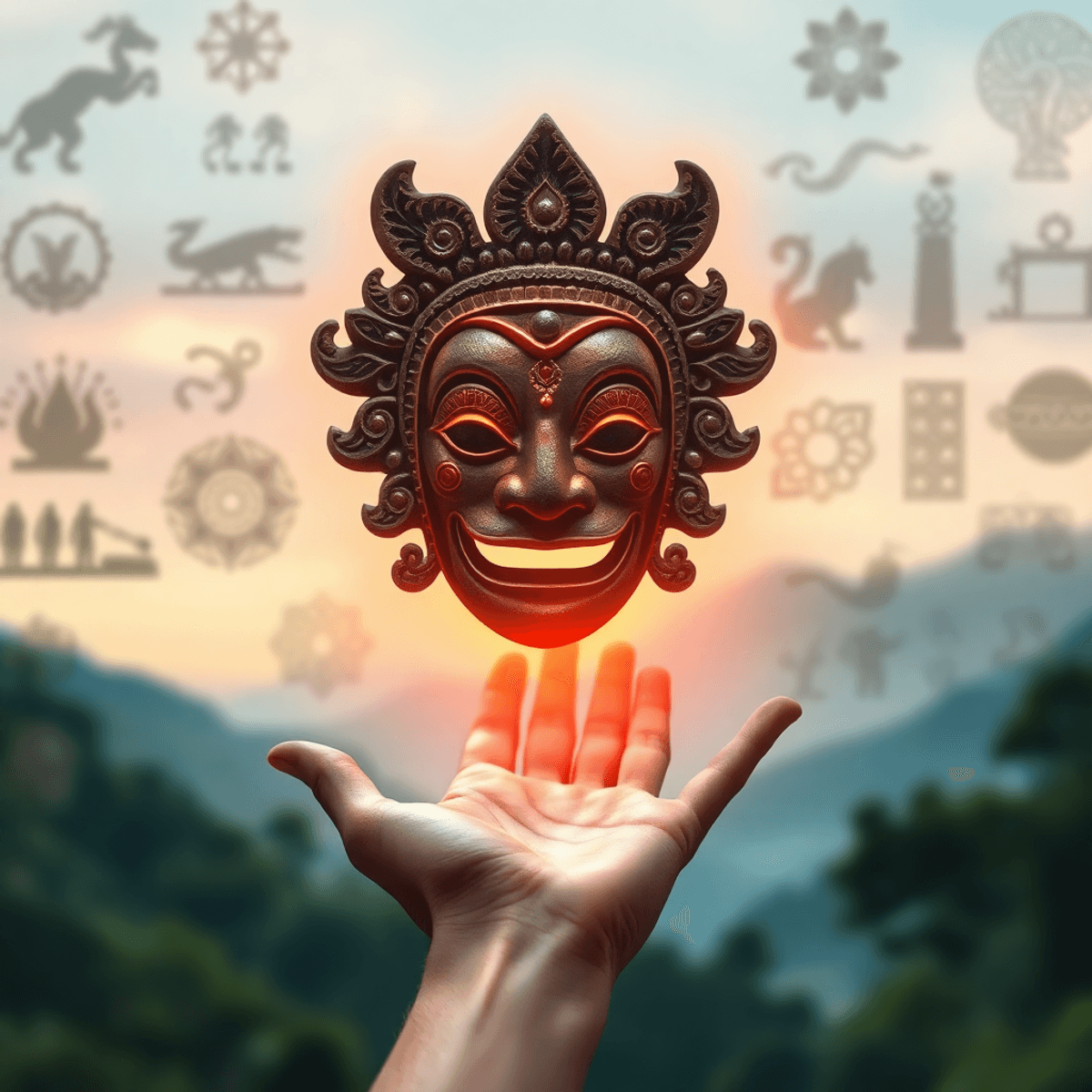 Glowing digital hologram of an ancient mask floating above an open hand with a blurred background of cultural symbols and nature.