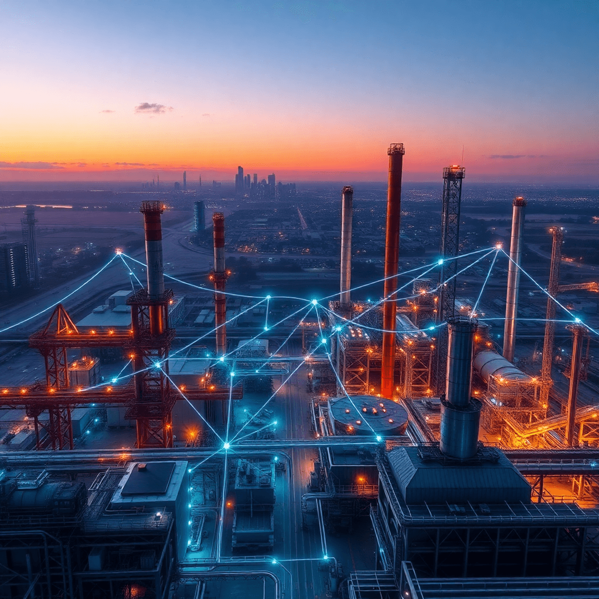 Industrial plants with glowing digital network lines against a modern cityscape at dawn, symbolizing IoT connectivity and sustainable growth in hea...