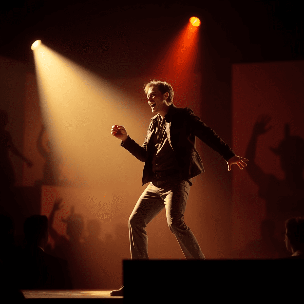 Male actor passionately performing under spotlight on stage, with abstract audience silhouettes and symbolic elements in warm tones.