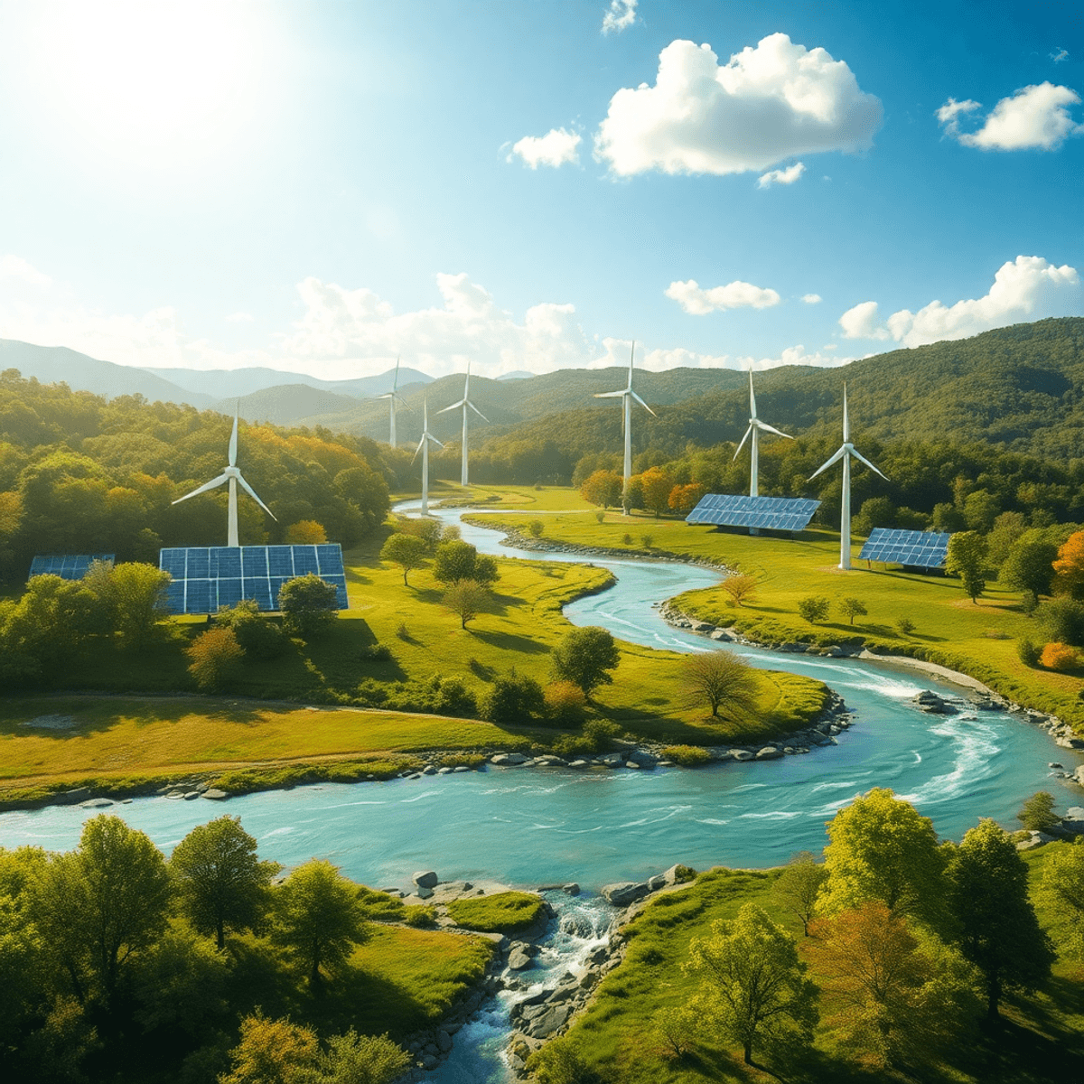 Photograph of a vibrant landscape with wind turbines, solar panels, flowing rivers, and growing trees under a bright sky symbolizing renewal and hope.