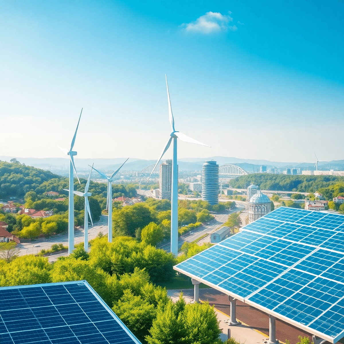 Photograph of wind turbines and solar panels in a green cityscape with glowing steel and aluminum symbols under a clear sky.