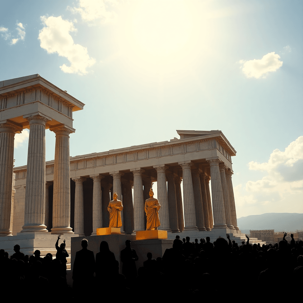 Photograph-style image of ancient Athens with marble columns, temples, golden abstract figures on platforms, and shadowy figures below symbolizing ...