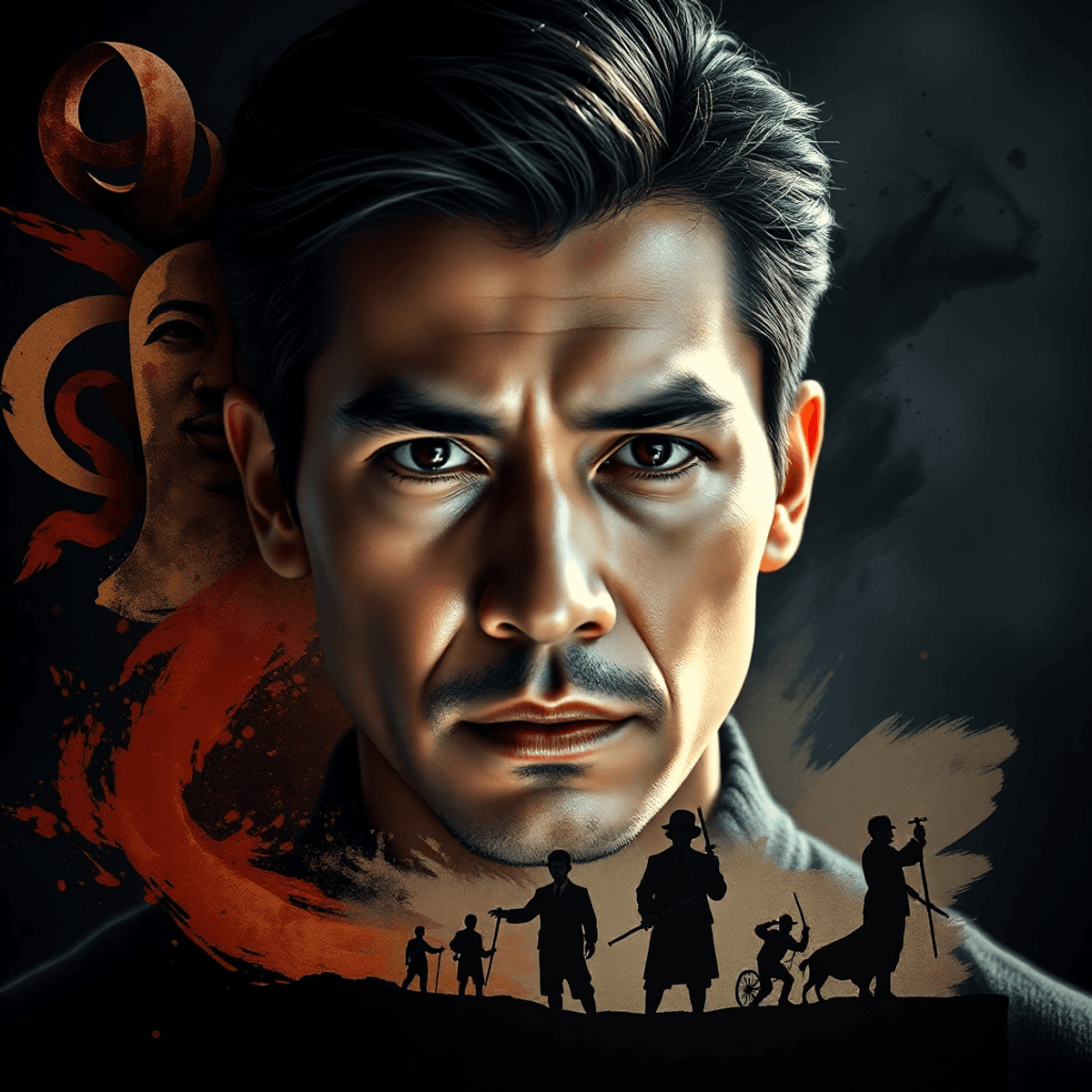 Portrait of a male actor with intense expression, surrounded by flowing masks, brushstrokes, and silhouettes against a moody, cinematic background.