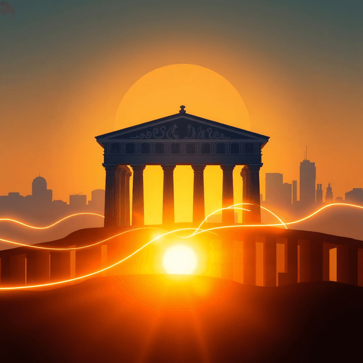 Silhouette of ancient Greek temple blending into modern city skyline at sunrise, connected by glowing lines with gears and speech bubbles in warm g...