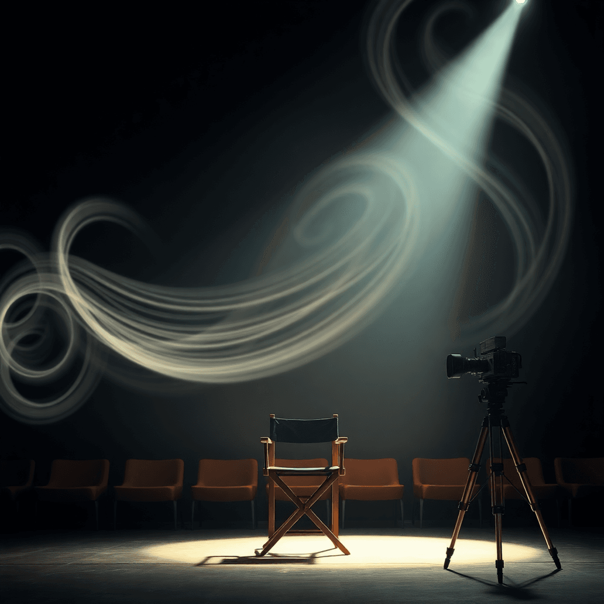 Spotlight on vintage theater stage with empty director's chair, classic film camera, and swirling light patterns symbolizing creativity against dar...