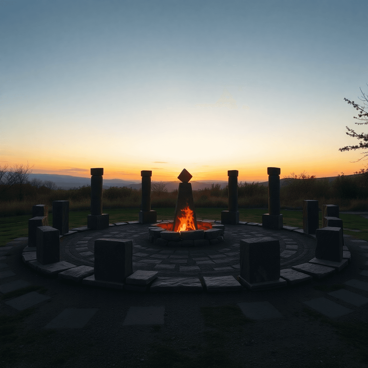 Sunset-lit stone pillar circle around glowing fire pit in a serene outdoor ceremonial space with abstract symbols blending into nature.