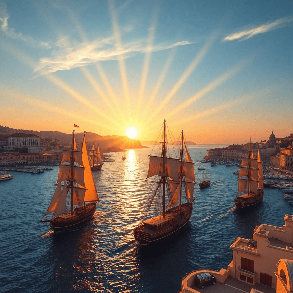 Sunset over a Mediterranean coast with traditional sailing ships on calm waters, historic port cities, and golden light rays symbolizing trade and ...