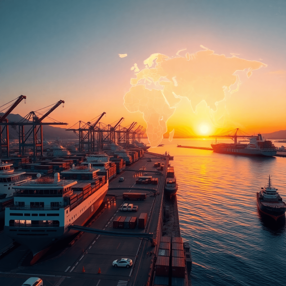 Sunset over a bustling Mediterranean port with cargo ships, cranes, and an illuminated abstract map showing trade routes connecting continents.