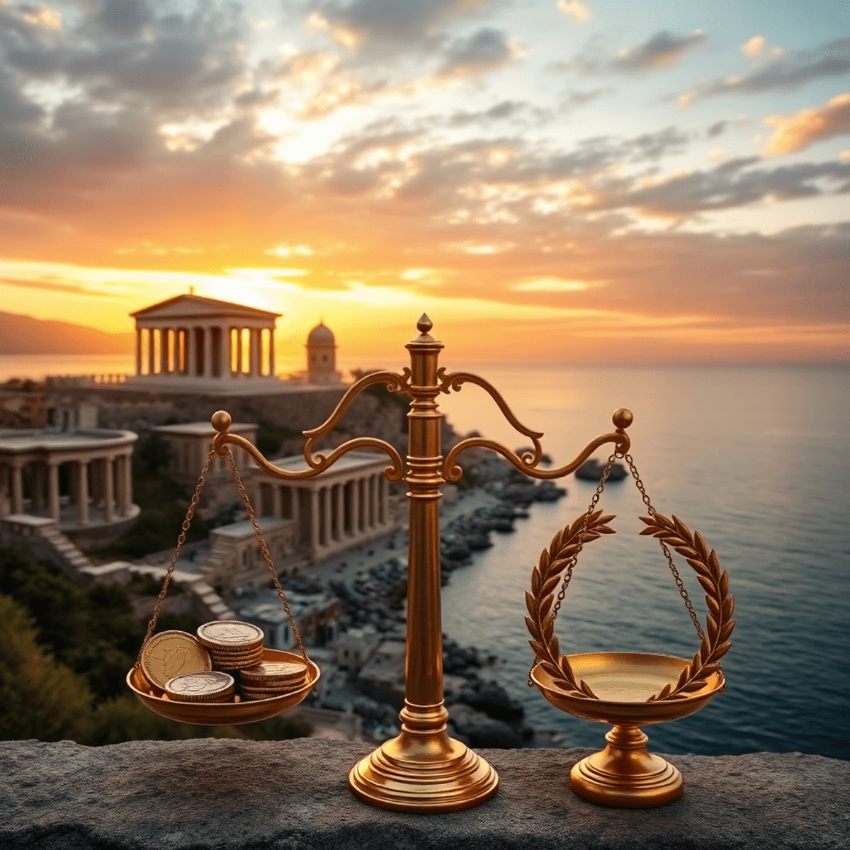 Sunset over an ancient Mediterranean city with Greek temples by the sea; golden scales balance coins and a laurel wreath symbolizing wealth and power.