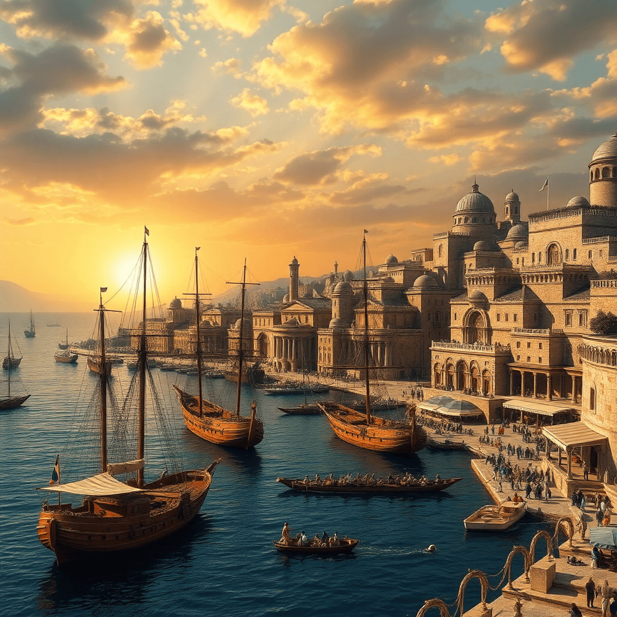 Sunset over an ancient Mediterranean harbor with sailing ships docked by stone buildings and lively marketplaces, capturing maritime trade and cult...