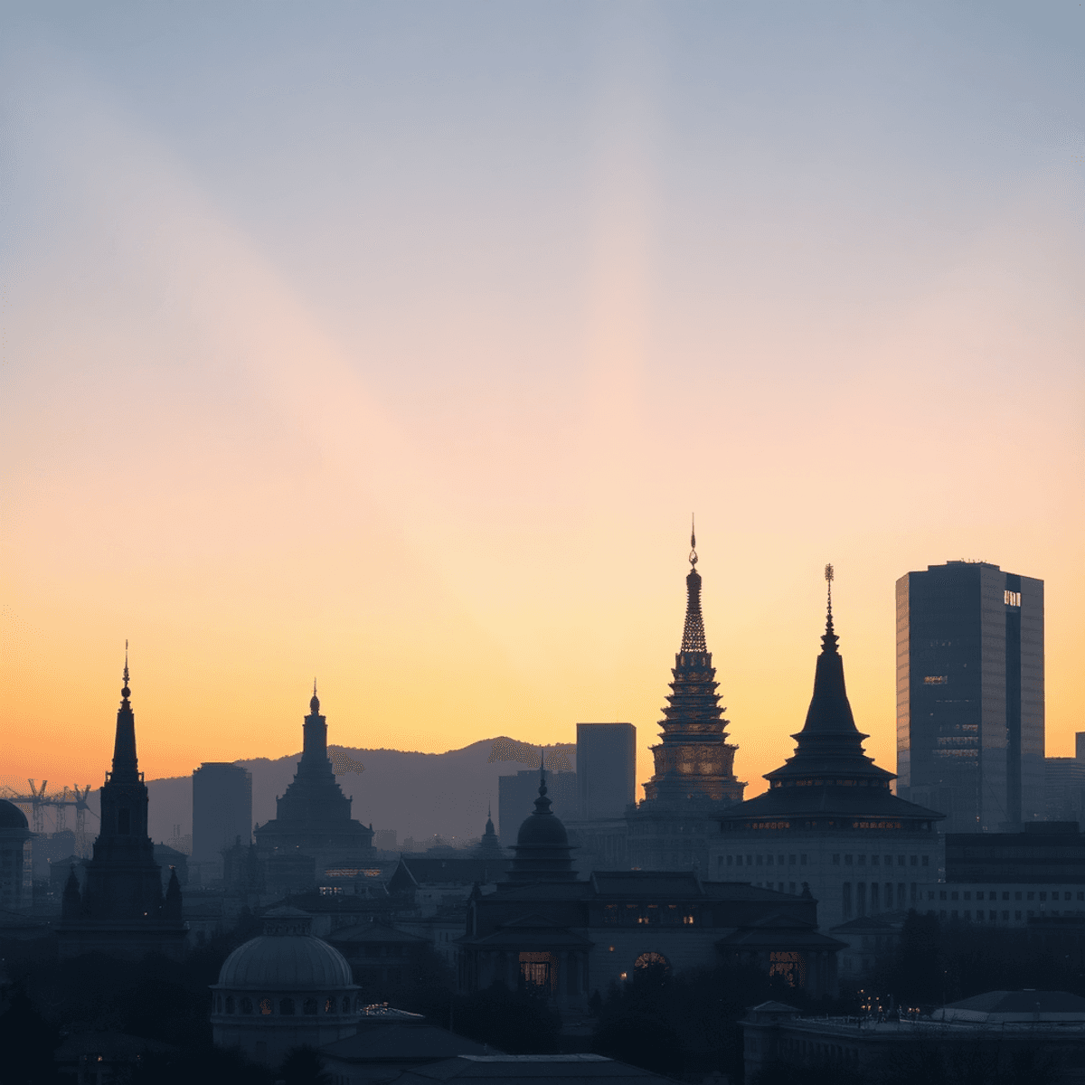 Urban skyline at dusk featuring ancient temple silhouettes and modern spiritual buildings, softly lit with warm light and geometric patterns, evoki...